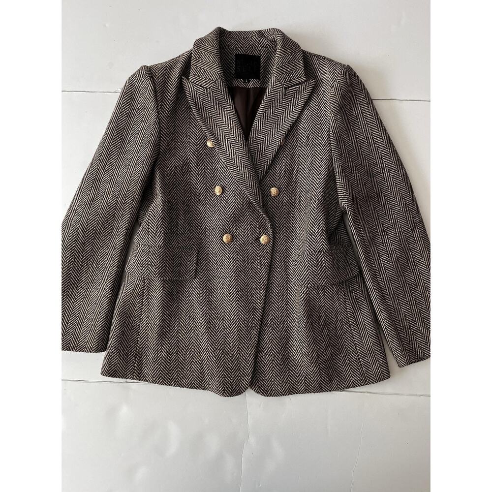 Mina Self Blazer Womens L Brown Herringbone Double Breasted Lined Gold Buttons